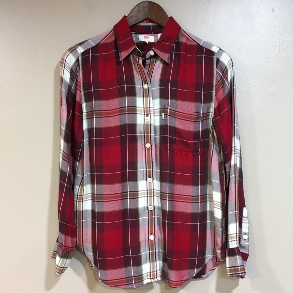 Levis Red Plaid Flannel Shirt Womens XS Lighweight‎ Cabincore Preppy Classic